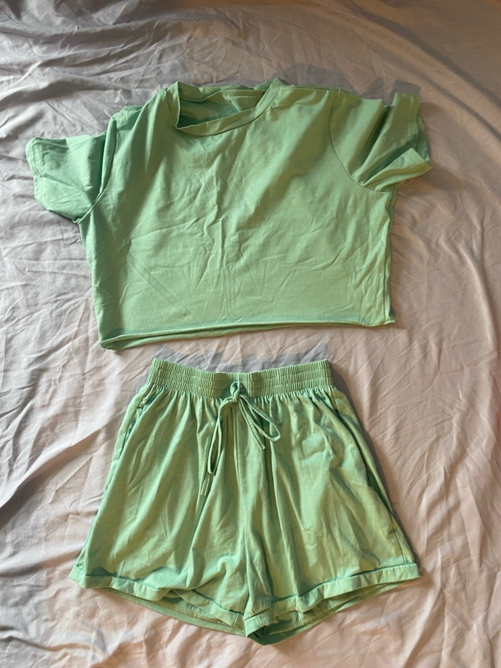 Light Green Two-Piece Lounge Set - Crop Tee & Drawstring Shorts